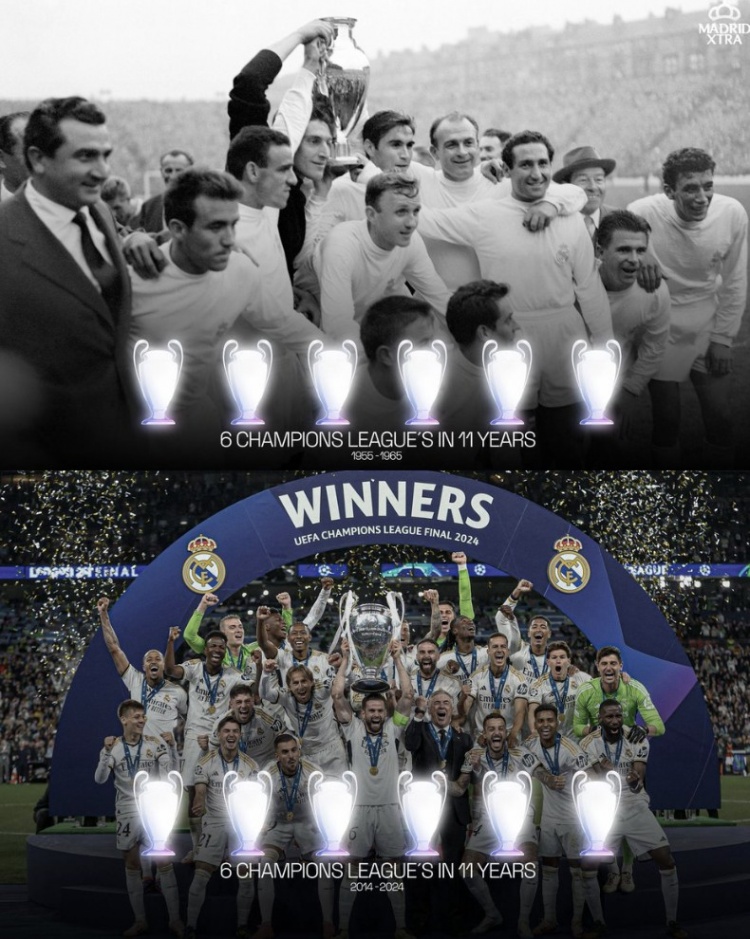 皇马队史的两度11年6座欧冠，1956-1966&2014-2024❤️